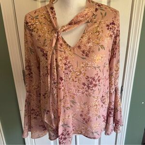 Floral Pink Blouse with Tie Neck‎
